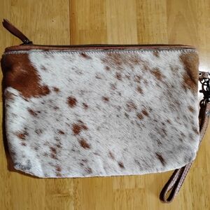 Myra Bag Brown and White Cowhide Wristlet Clutch